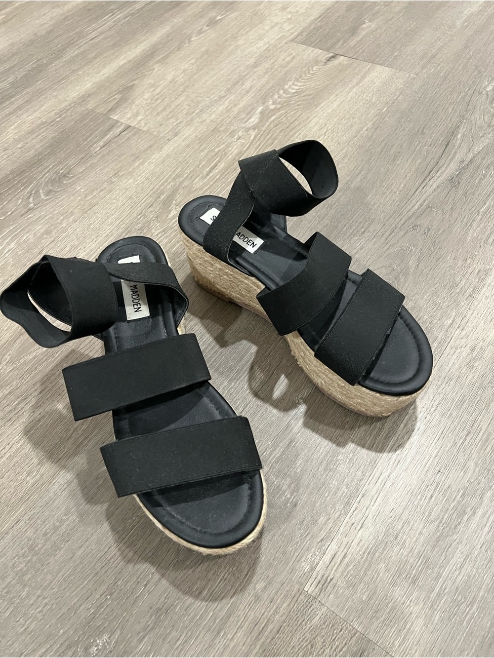 Steve Madden Black Espadrille Platform Sandals with Jute Wedge